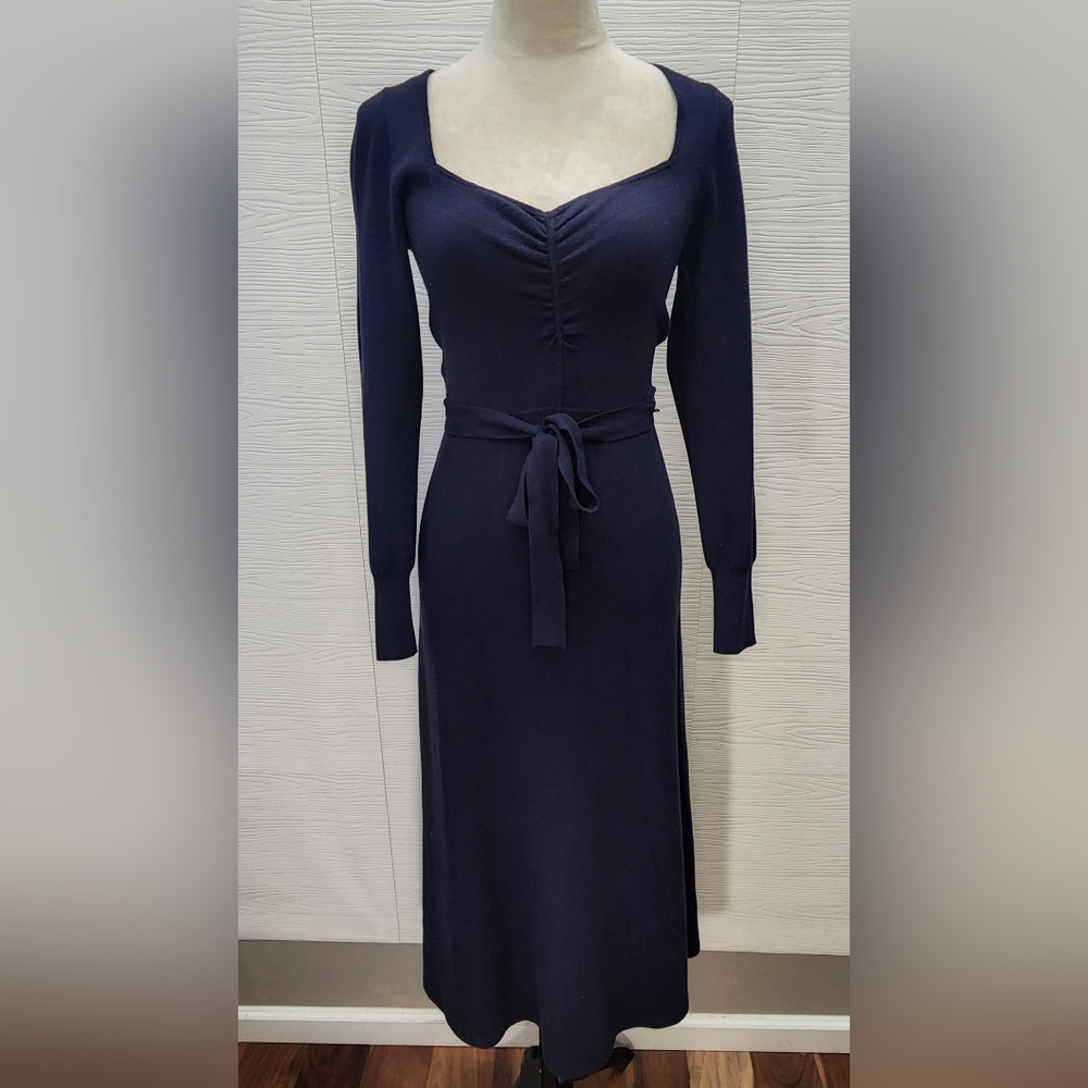 Boden Sweetheart Midnight Navy Blue Long Sleeve Midi Sweater Dress belted Sz 6R - Picture 3 of 10